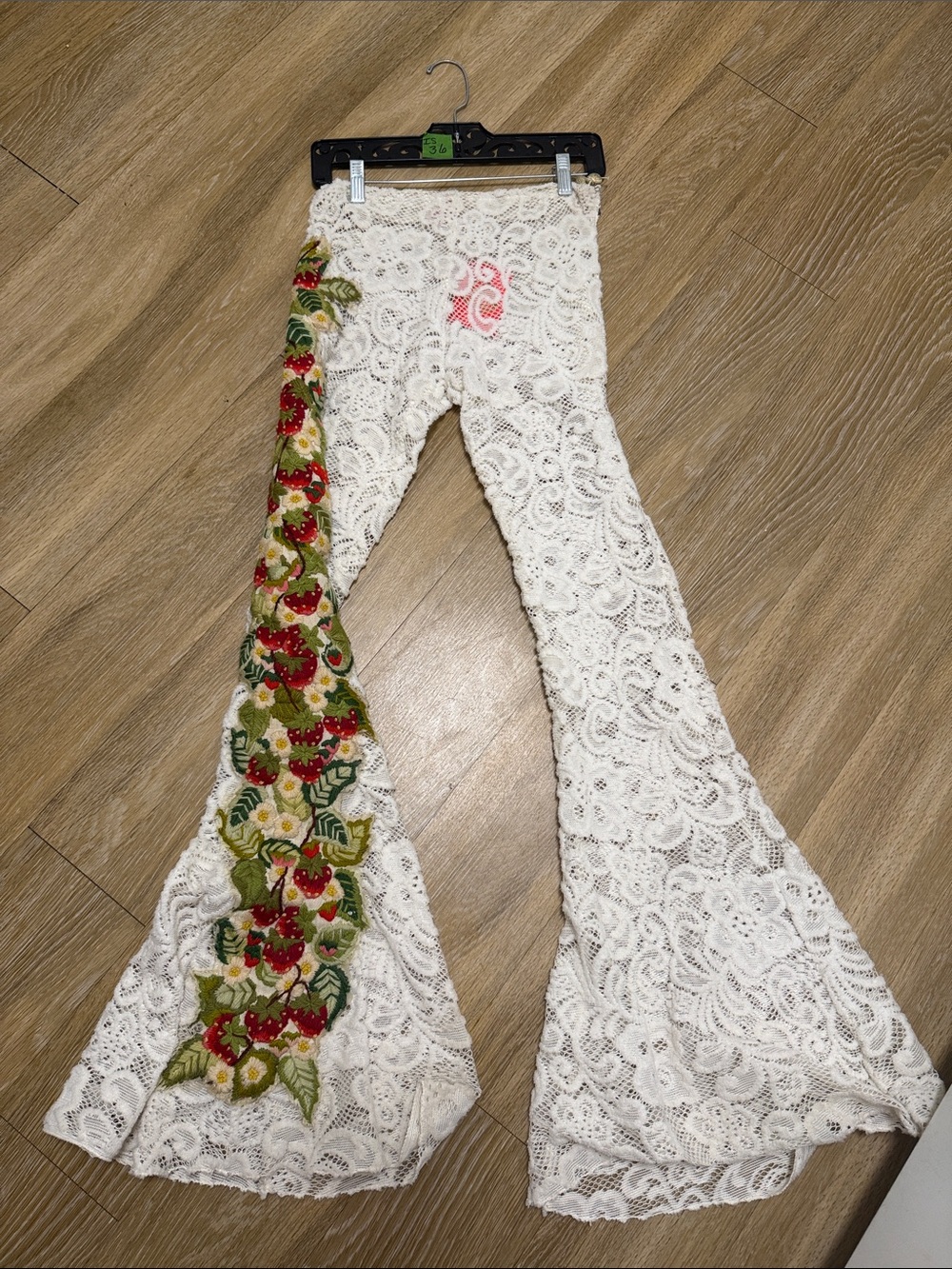 Vintage Cream Crochet Boot-Cut Pants with Floral Embroidery 15” waist Handmade!